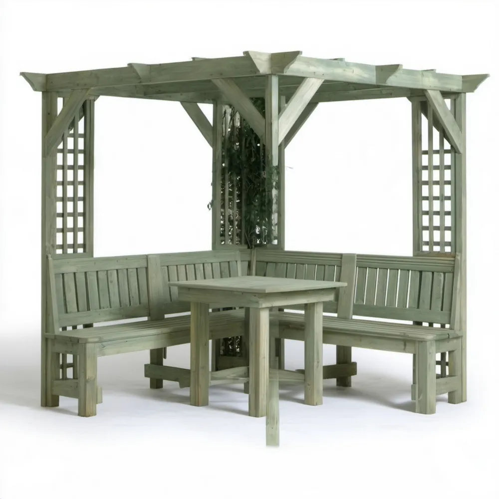 Zielona drewniana pergola narożna z ławkami i stołem 240 x 240 x 240 cm
