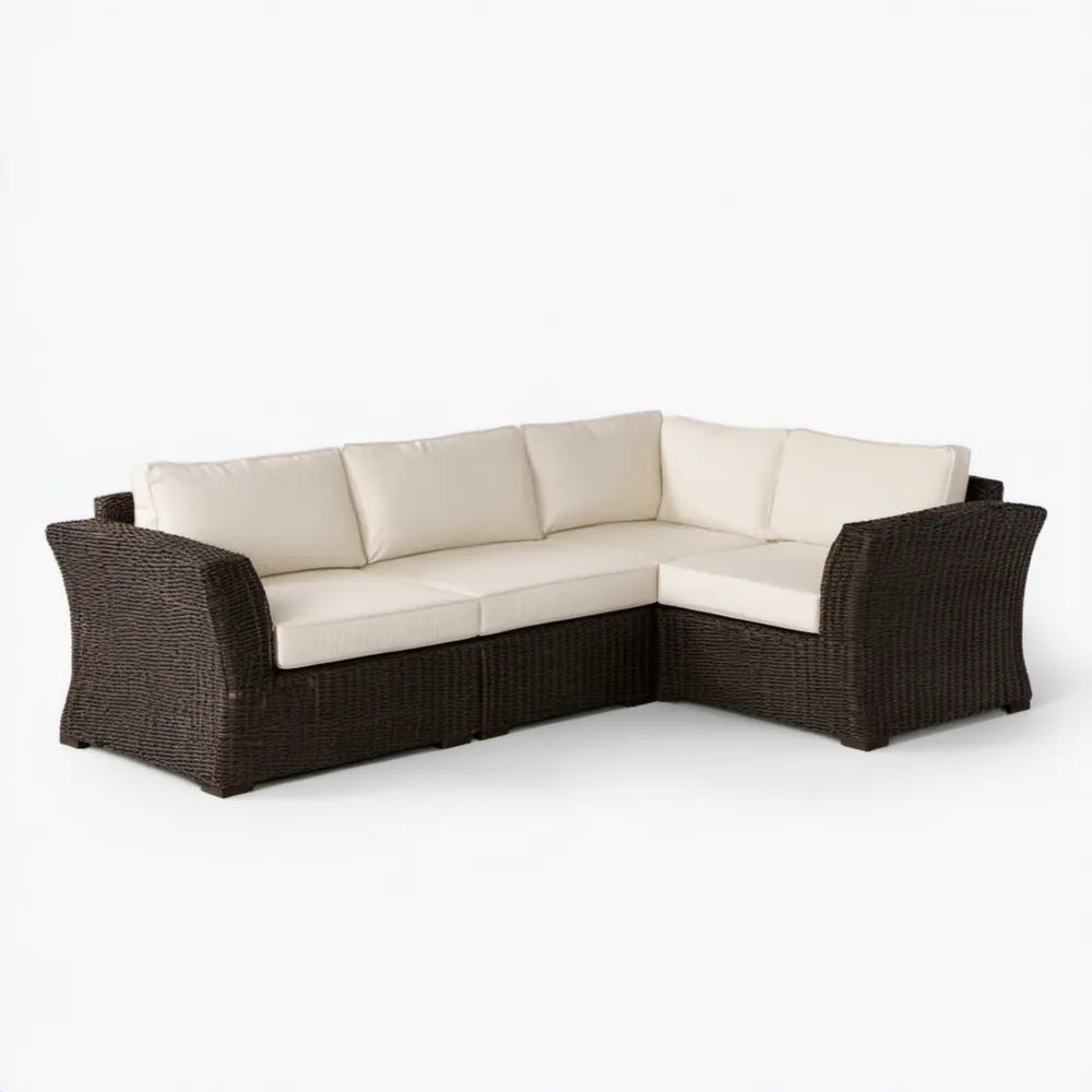 Narożnik ogrodowy z technorattanu ciemnobrązowy z kremowymi poduszkami 230 × 170 × 85 cm