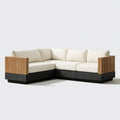 3-osobowa narożna sofa ogrodowa w kształcie L z technorattanu i drewna akacjowego, kremowo-czarno-brązowa, 230 x 230 x 80 cm