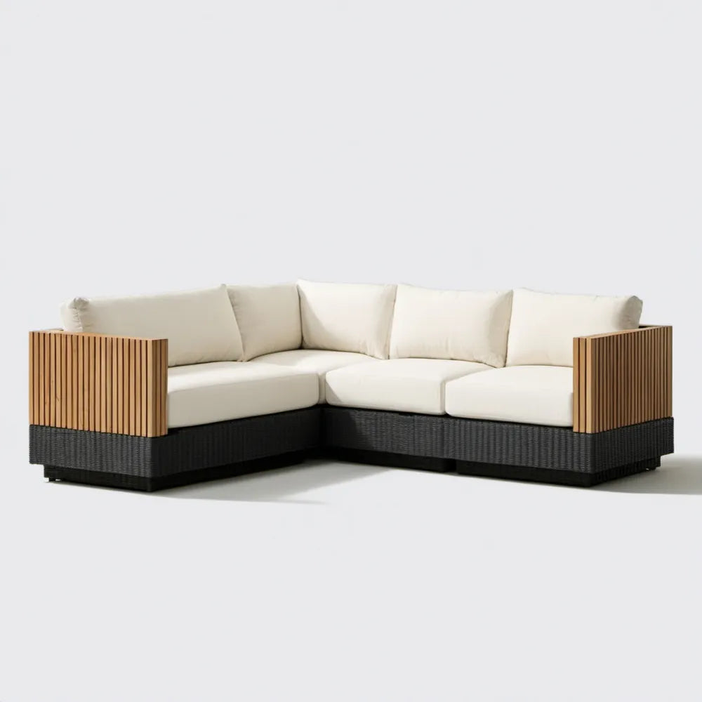 3-osobowa narożna sofa ogrodowa w kształcie L z technorattanu i drewna akacjowego, kremowo-czarno-brązowa, 230 x 230 x 80 cm