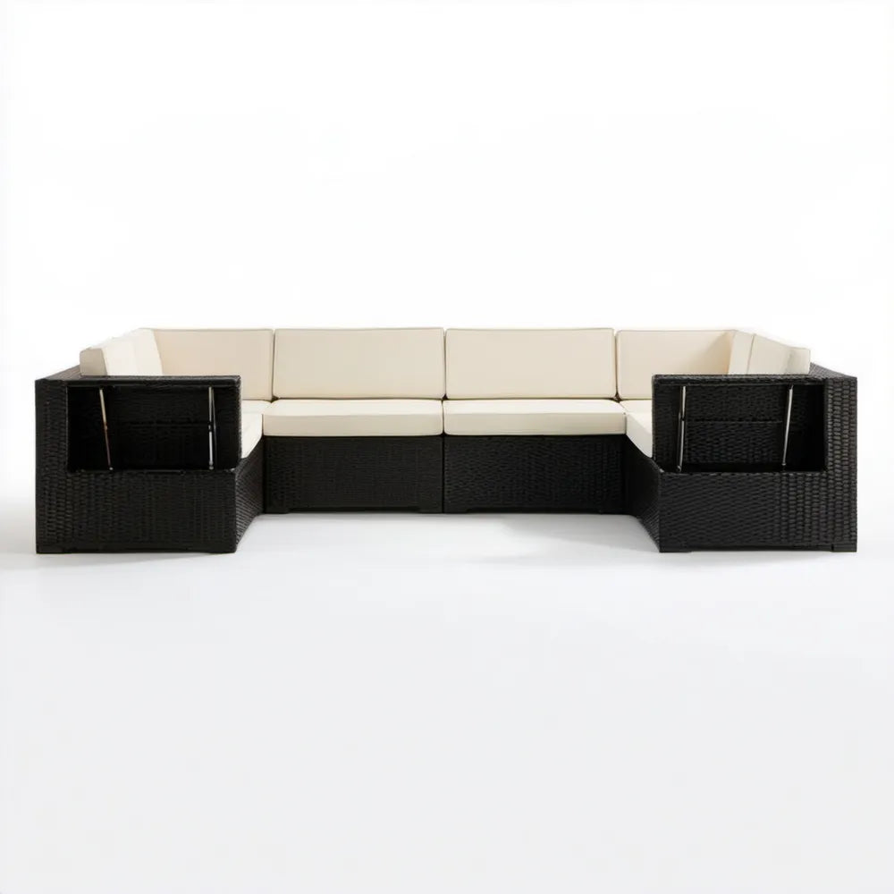 Modułowa sofa ogrodowa 5-osobowa z technorattanu PE, czarno-kremowa, 330 x 75 x 65 cm