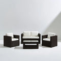 4-częściowy zestaw ogrodowy z technorattanu ciemnobrązowy z białymi poduszkami, sofa 109 × 58 × 76 cm