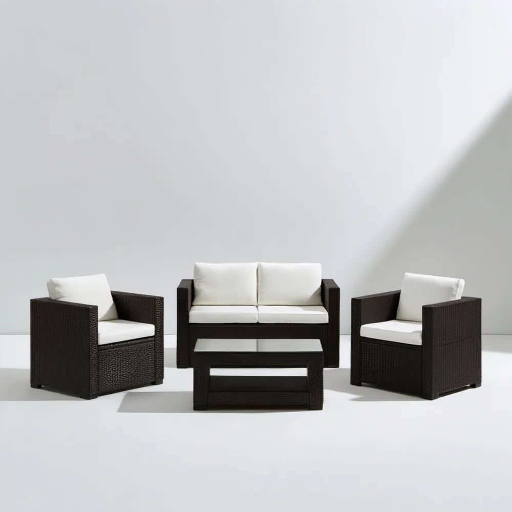 4-częściowy zestaw ogrodowy z technorattanu ciemnobrązowy z białymi poduszkami, sofa 109 × 58 × 76 cm