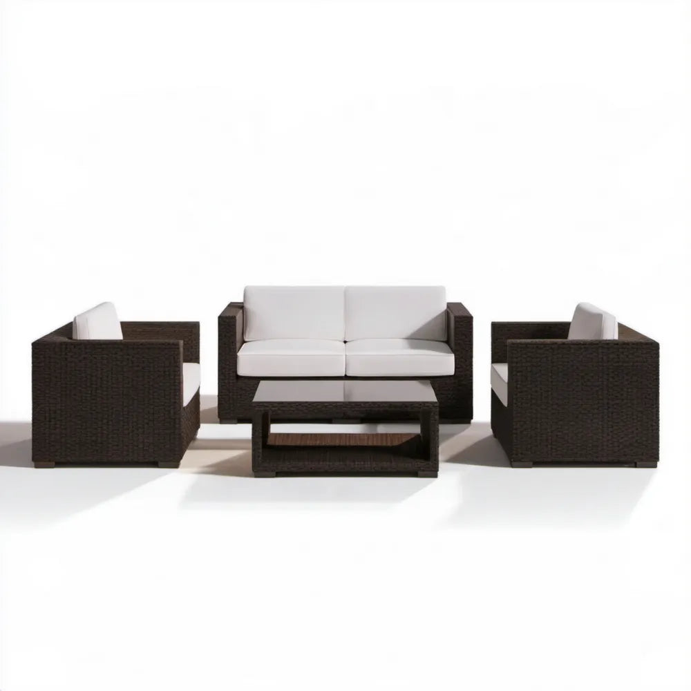 4-częściowy zestaw wypoczynkowy z technorattanu PE, Ciemnobrązowy/Kremowy, sofa 130 × 70 × 75 cm, fotele 75 × 70 × 75 cm, stolik 100 × 50 × 45 cm