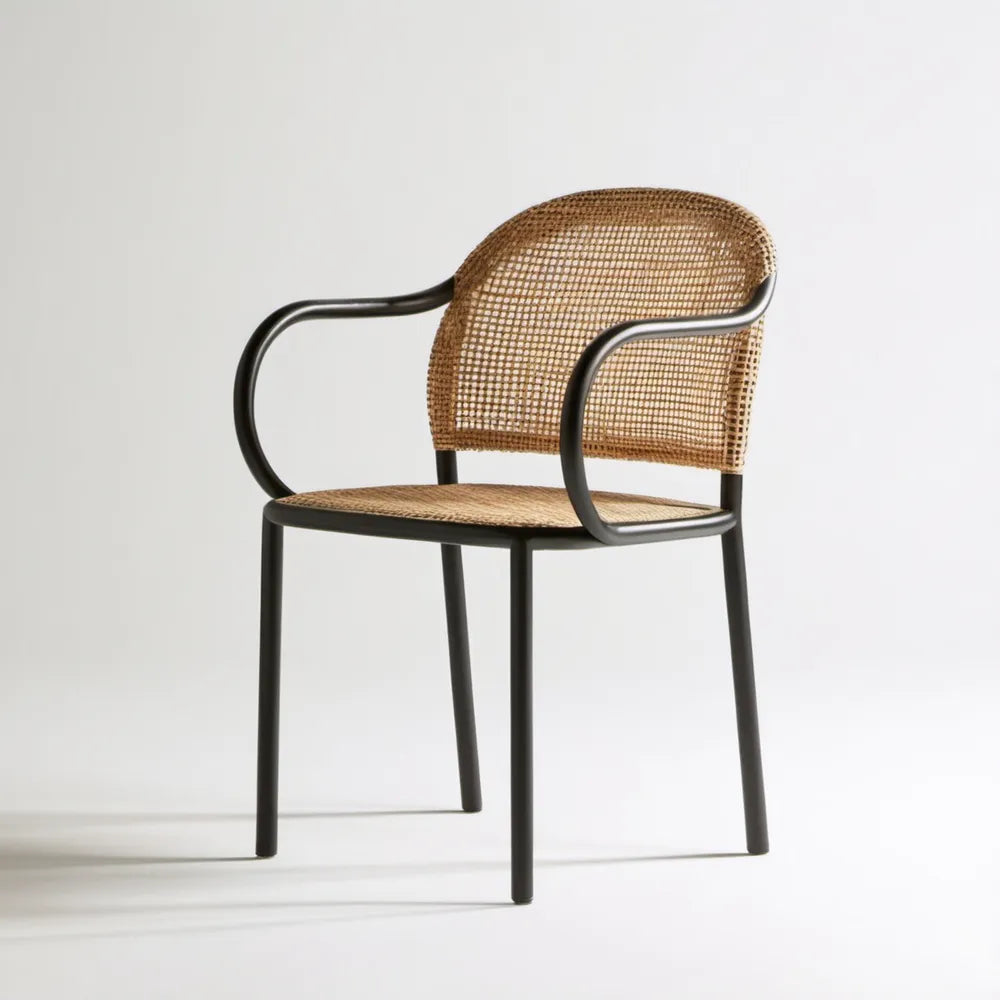 Krzesło ogrodowe z podłokietnikami, stal i naturalny rattan, czarne/naturalny brąz, 56 x 58 x 80 cm