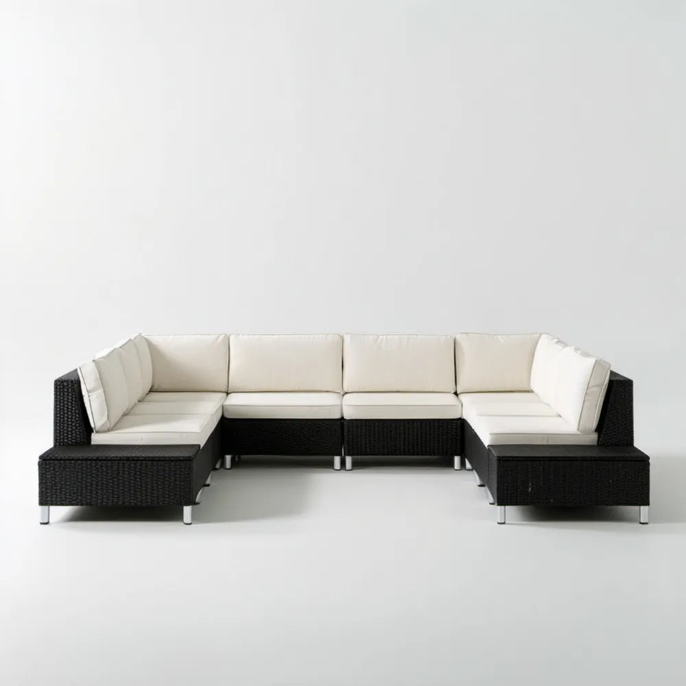 Modułowy zestaw wypoczynkowy z technorattanu PE w kształcie U 280 x 210 x 70 cm czarno-kremowy