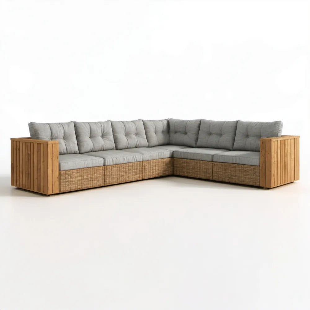 5-osobowa narożna sofa ogrodowa z drewna akacjowego i technorattanu, naturalny brąz/jasny brąz/szary, 280 x 220 x 78 cm