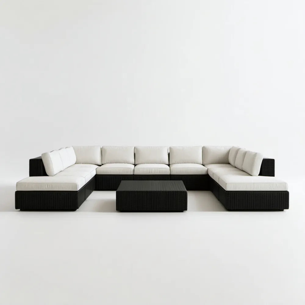 Modułowy zestaw wypoczynkowy z technorattanu PE w kształcie U ze stolikiem, czarno-kremowy, 300 x 220 x 70 cm