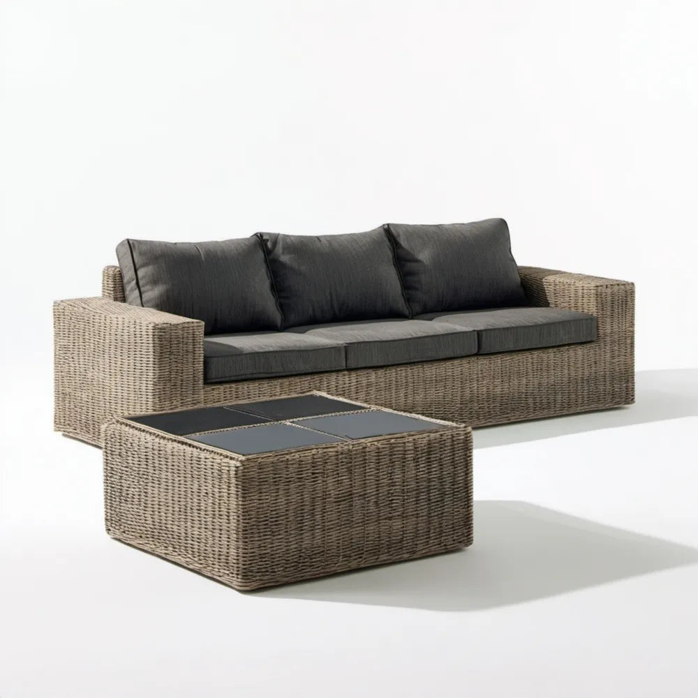 Zestaw ogrodowy z technorattanu PE szarobeżowy/antracytowy/czarny – sofa 220 × 85 × 78 cm i stolik 100 × 60 × 38 cm