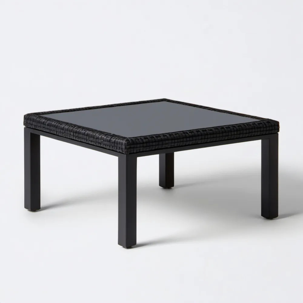 Czarny kwadratowy stolik ogrodowy z aluminium, PE-rattanu i szkła hartowanego 60 x 60 x 35 cm