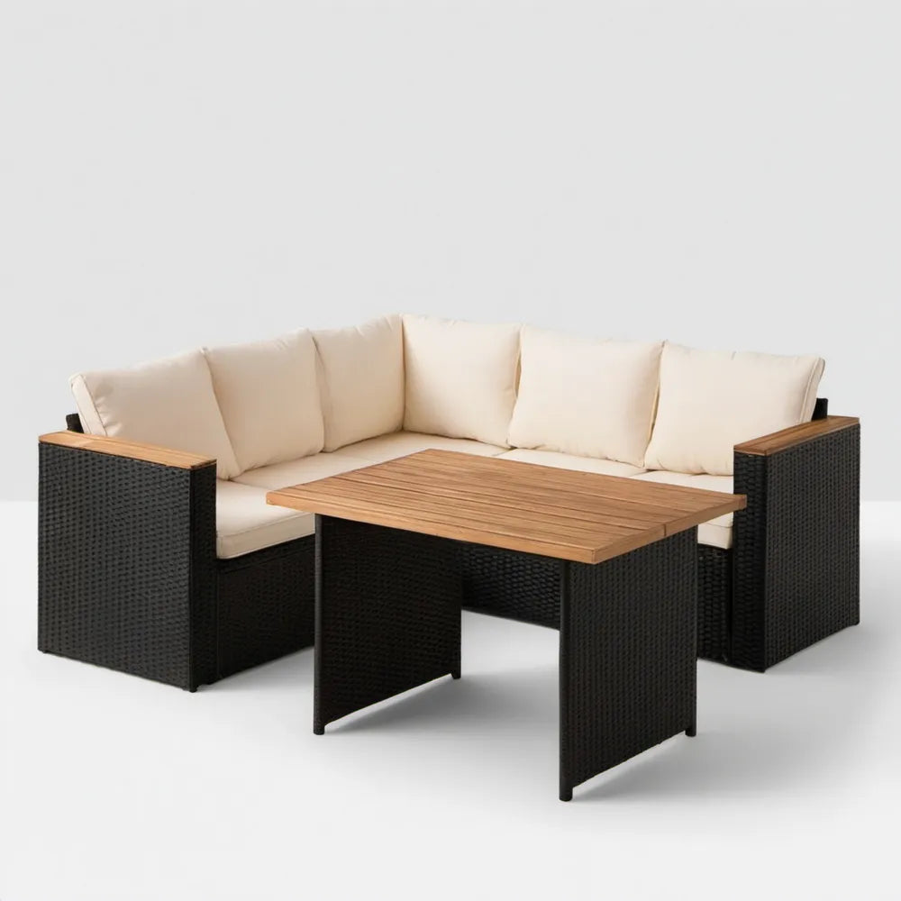 Ogrodowy zestaw wypoczynkowy z technorattanu PE, czarny/beżowy/brązowy, sofa 200 × 70 × 65 cm, stolik 110 × 60 × 45 cm
