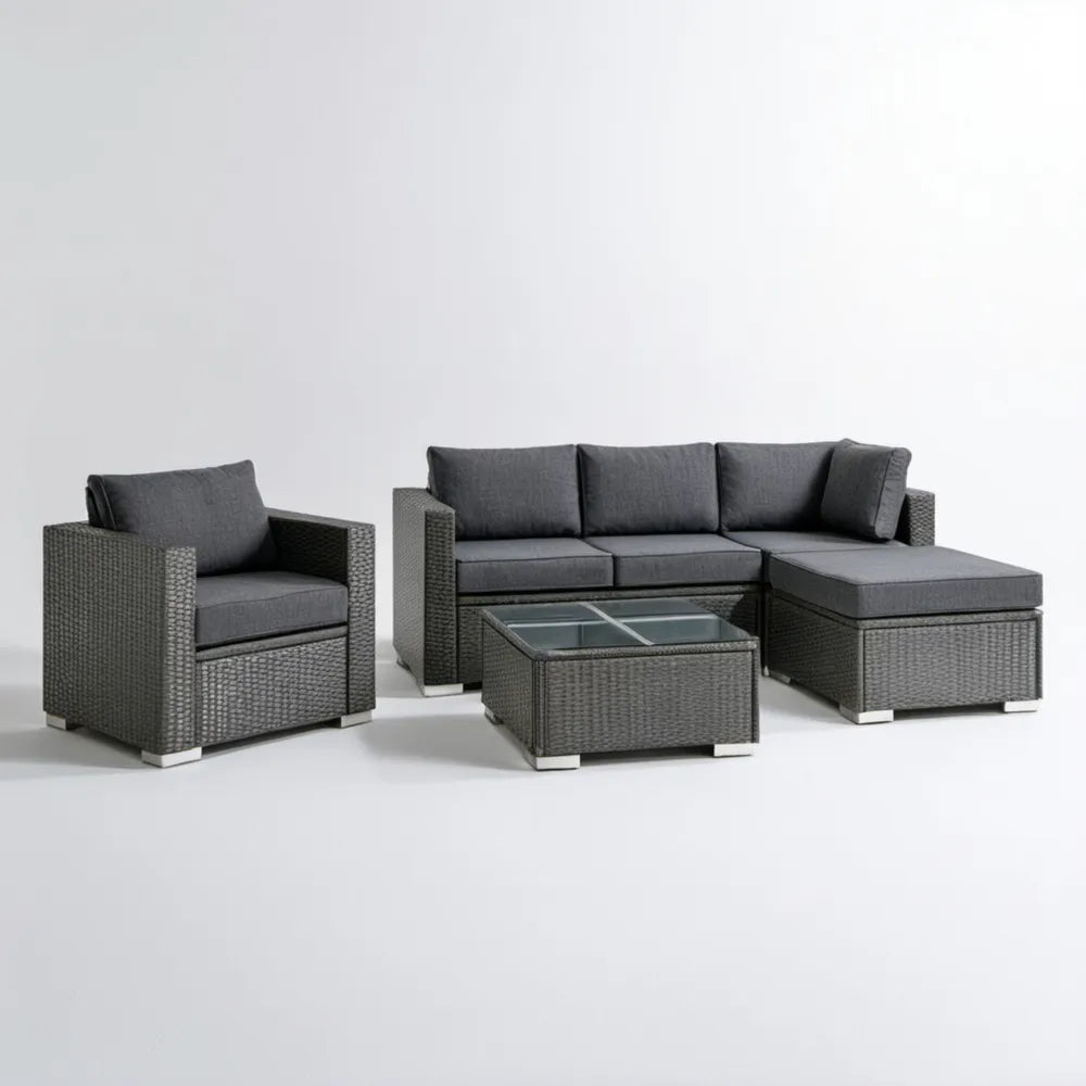 Szaro-grafitowy zestaw z technorattanu PE – sofa narożna 240 × 150 × 85 cm, fotel i stolik