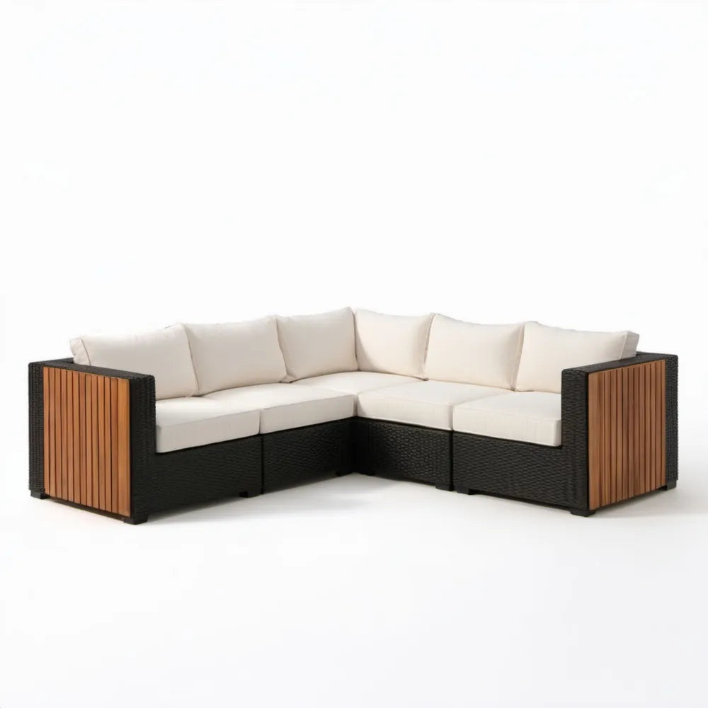3-częściowa narożna sofa ogrodowa z technorattanu i drewna akacjowego, czarno-beżowo-brązowa, 220 x 220 x 65 cm