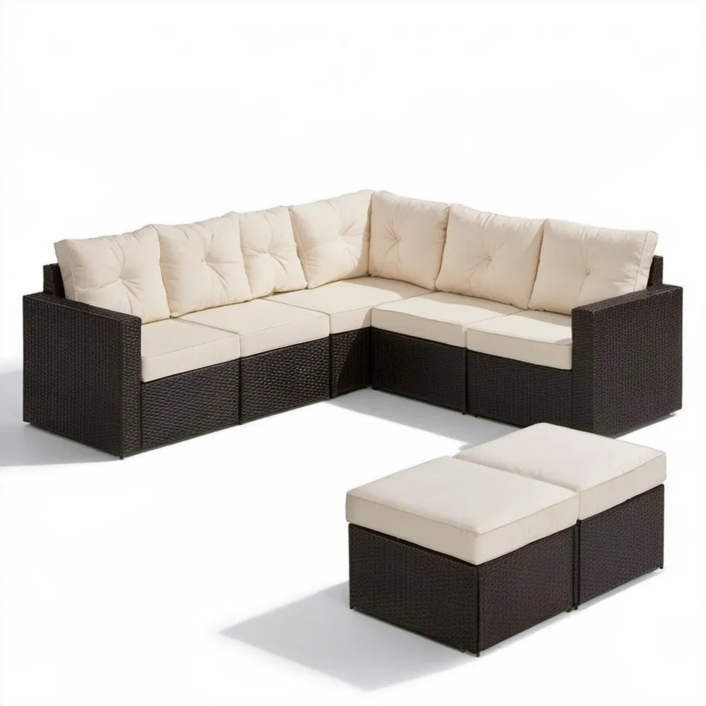 7-częściowy modułowy narożnik ogrodowy z technorattanu PE ciemnobrązowy z kremowymi poduszkami, 210 x 210 x 60 cm