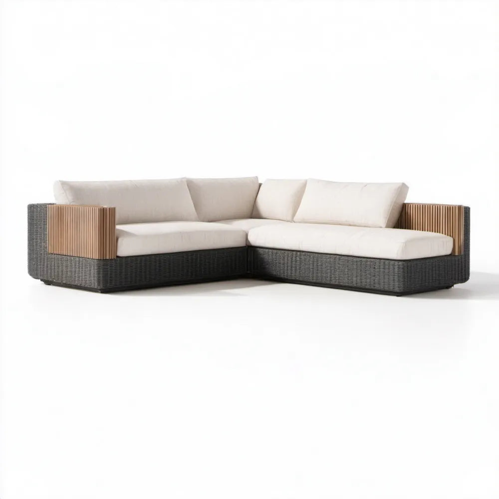 Narożny zestaw ogrodowy 3-osobowy z technorattanu PE i aluminium, czarno-kremowo-brązowy, 260 x 180 x 70 cm, kształt L