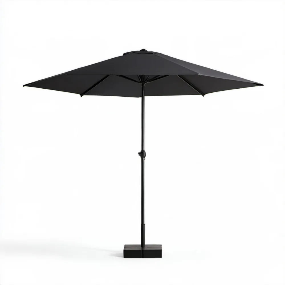 Czarny kwadratowy parasol ogrodowy z podstawą 300 x 300 cm, wysokość 250 cm
