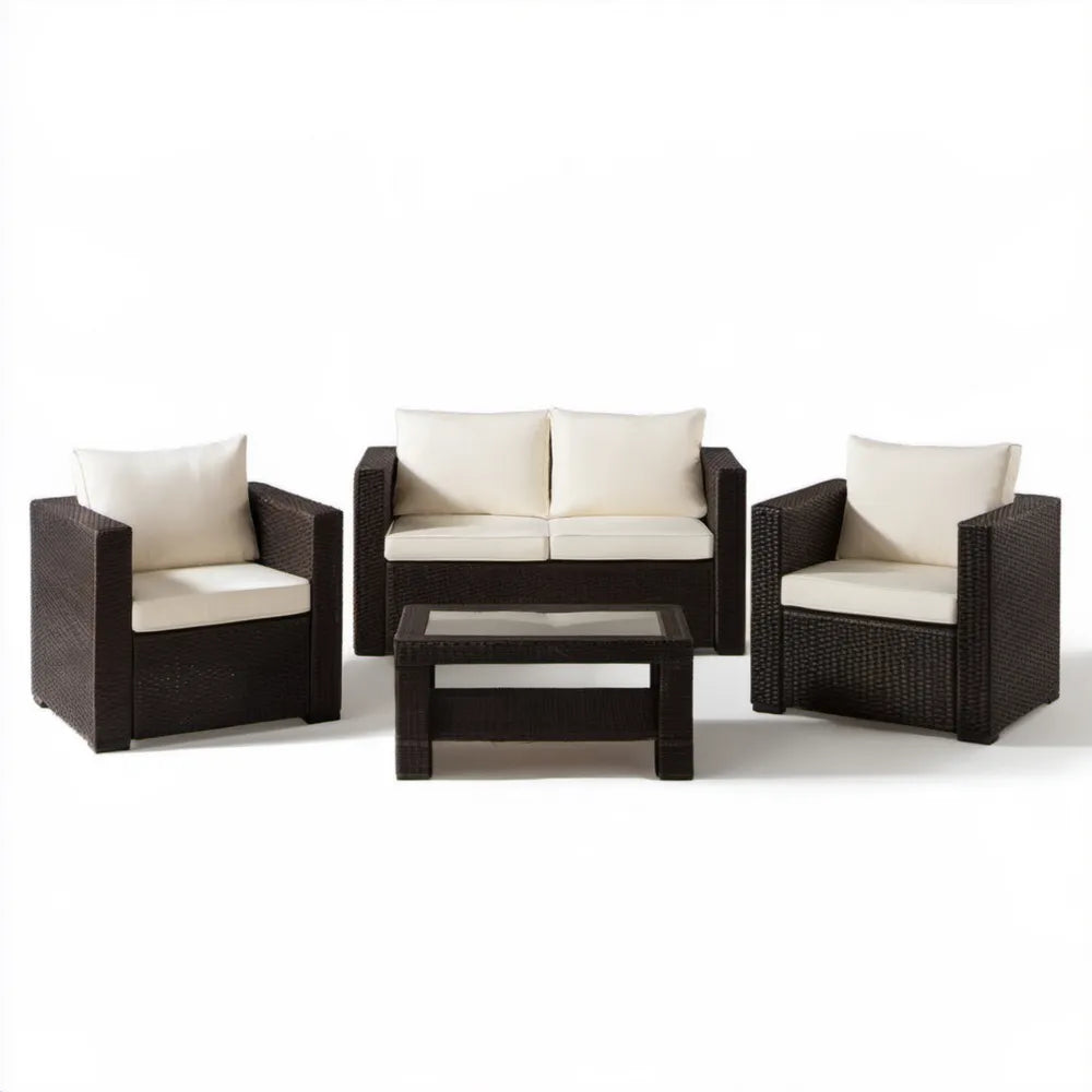 4-częściowy komplet z technorattanu brązowo-kremowy – sofa 109 × 58 × 76 cm, 2 fotele, stolik 85 × 50 × 38 cm