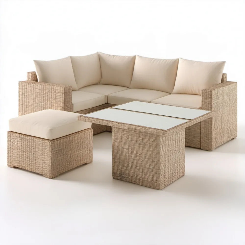 Beżowo-kremowy narożnik ogrodowy z technorattanu PE 202 x 140 x 78 cm ze stołem 100 x 60 x 45 cm i pufą 60 x 60 x 40 cm