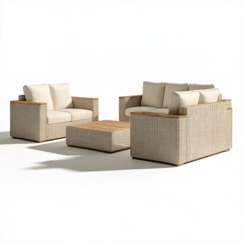 Beżowy zestaw wypoczynkowy z technorattanu PE – sofa 160 x 78 x 78 cm, 2 fotele, stolik 120 x 70 x 38 cm