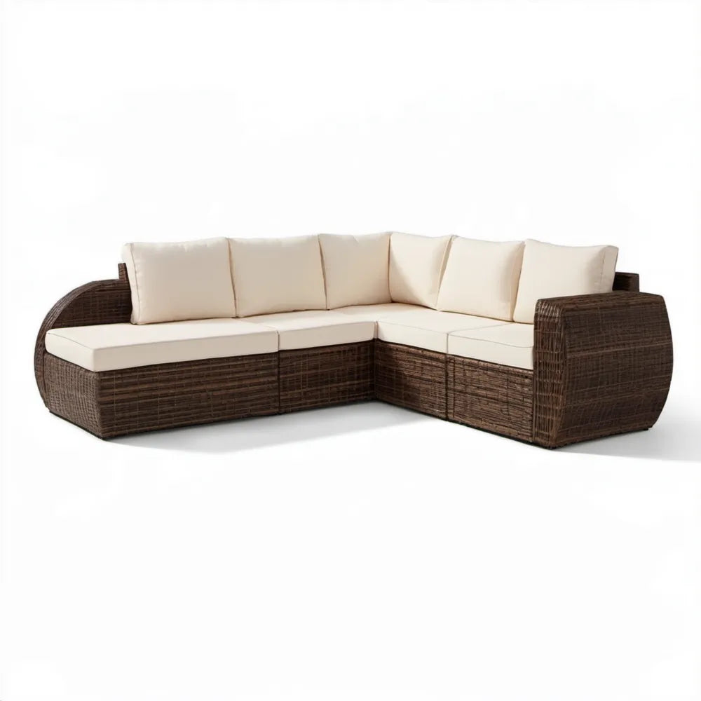Ogrodowa sofa narożna z technorattanu PE, brązowo-kremowa, 220 x 170 x 75 cm