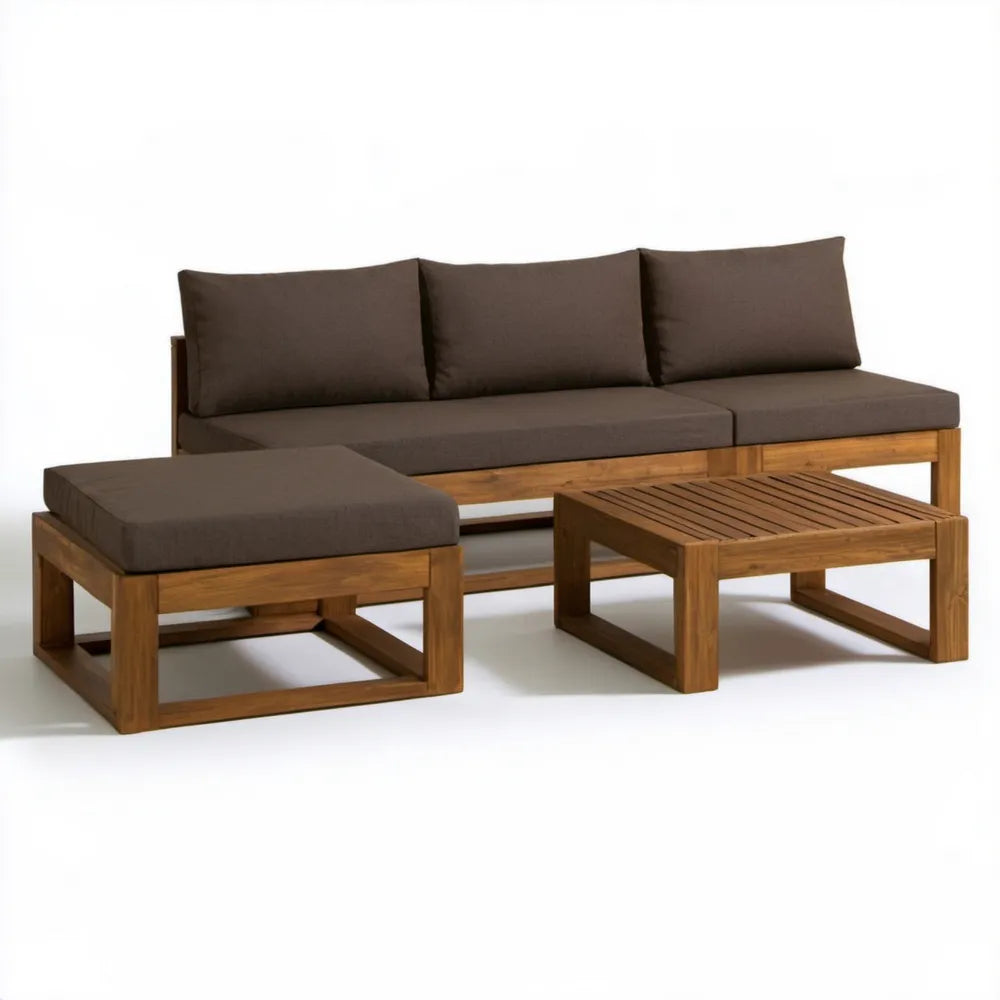 Ogrodowy zestaw z litego drewna akacjowego, brązowy/ciemnobrązowy – sofa 200 × 70 × 70 cm, podnóżek 120 × 70 × 35 cm, stolik 110 × 60 × 35 cm